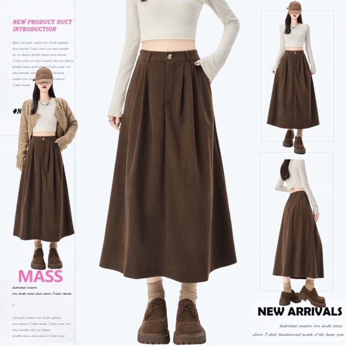 Retro สีดำ Corduroy กระโปรงผู้หญิงเอวสูง สไตล์ใหม่ ทรง A-line สวมใส่สบาย