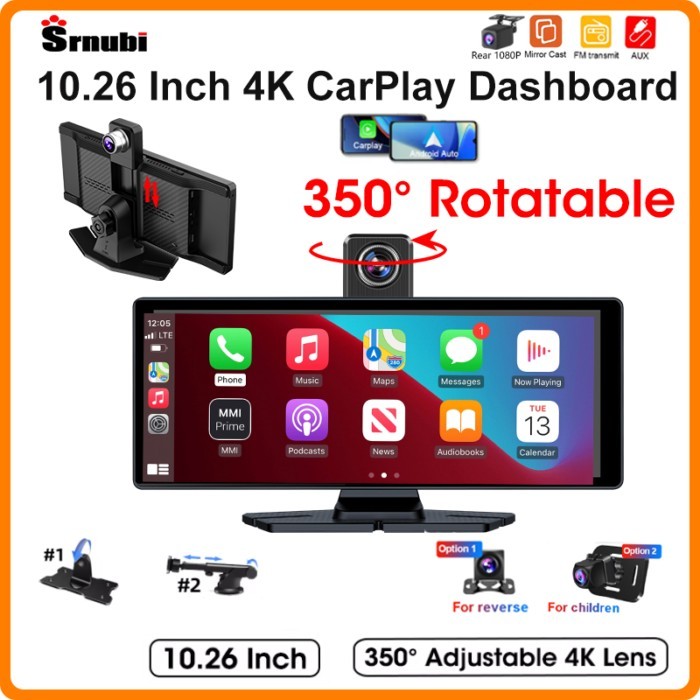 Srnubi 10.26 Inch Rotatable Car DVR Carplay Android Auto Dash Cam Rearview Camera GPS Navigation Mi