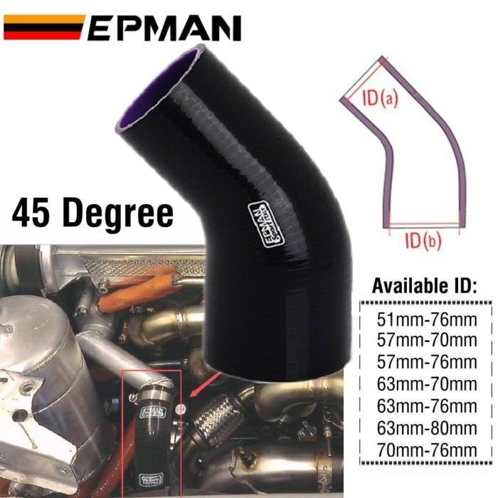 EPMAN 2"-2.5" 4-Ply Silicone 45 Degree Elbow Reducer Hose Black For BMW E36 M3/325i 51-76/57-70/57-