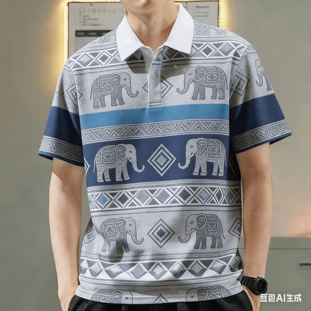 เสื้อโปโลผู้ชายช้าง พิมพ์กราฟิก แขนสั้น สไตล์สตรีท กลางแจ้ง 01c