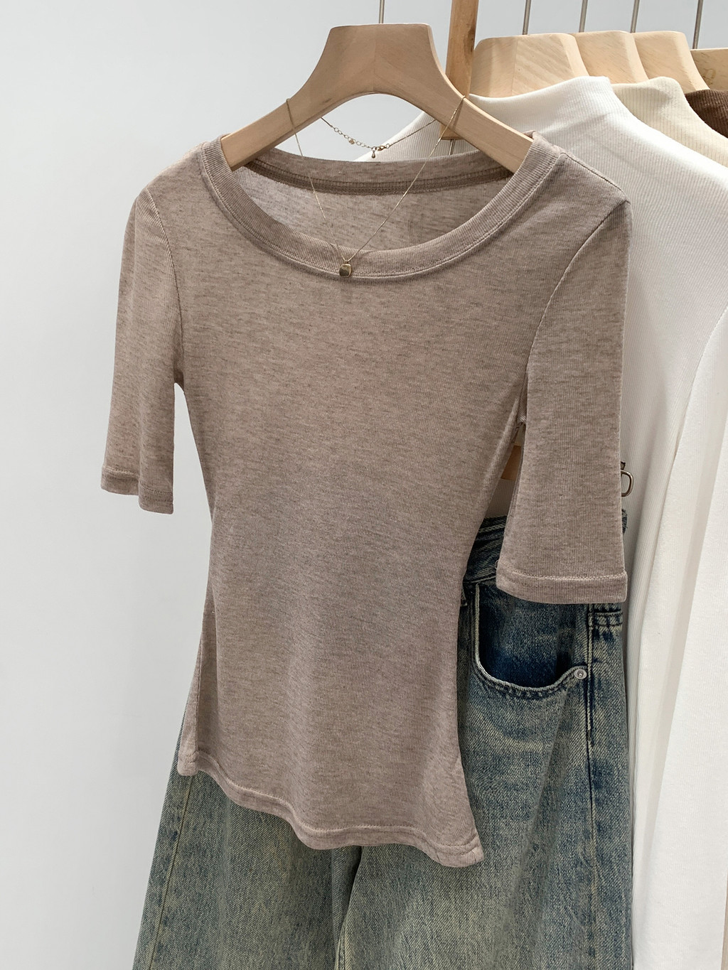 99147 Lyocell Fiber Short-Sleeved Round Neck Slim-Fit T @-