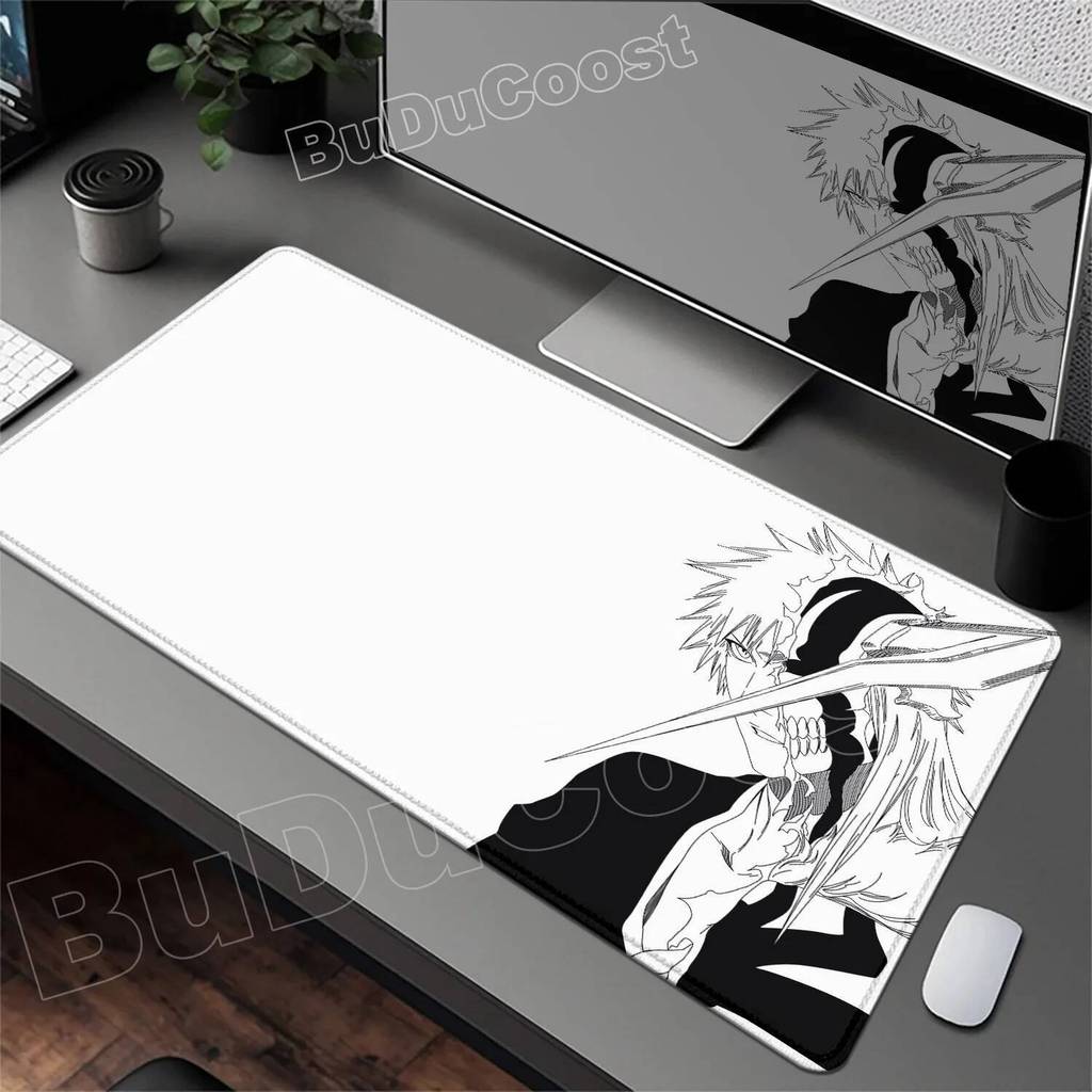 HD พิมพ์สีดําและสีขาวแผ่นรองเมาส์อะนิเมะขนาดใหญ่ Mousepad Bleach Manga เสื่อโต๊ะแล็ปท็อปสํานักงานยาง