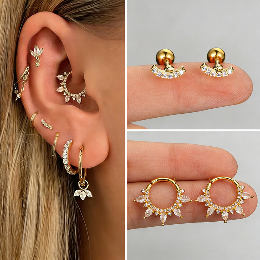 ต่างหูสแตนเลสสีโกลด์พร้อมคราวน์และลิปบาร์ Zircon สำหรับคนเจาะหู