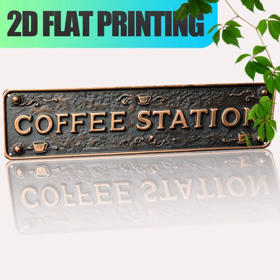 2D Flat 1 ชิ้น "COFFEE STATION" 15.75x3.94" ป้ายอลูมิเนียม - โลหะชนบทวินเทจ, Cafe Home Farmhouse Dec