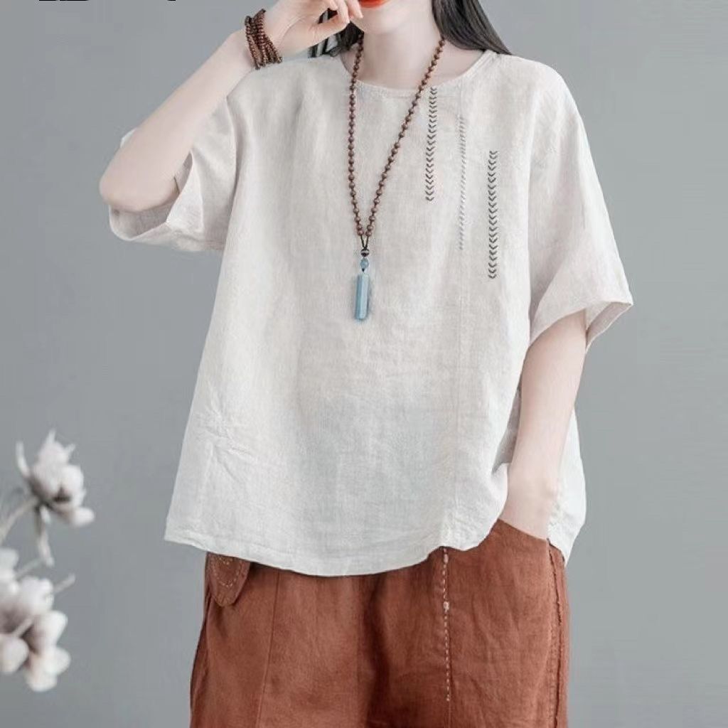 เสื้อยืดแขนสั้นคอกลมสำหรับผู้หญิง ทรงหลวม พลัสไซส์ ทำจากผ้าฝ้ายและผ้าลินิน เหมาะสำหรับฤดูร้อน