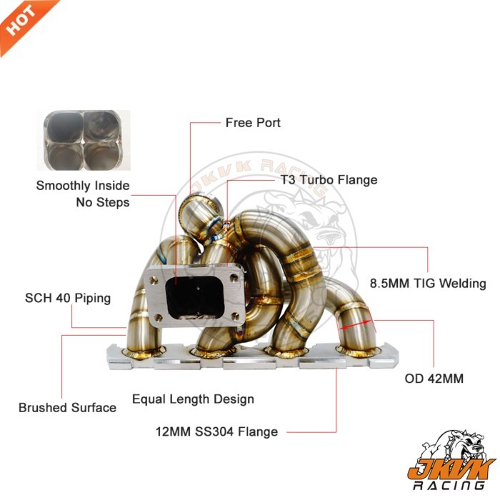 JKVK RACING 42mm OD 3mm Thick Stainless Steel 304 G olf5 EA888 EA113 2.0T T3 Exhaust Turbo Manifold