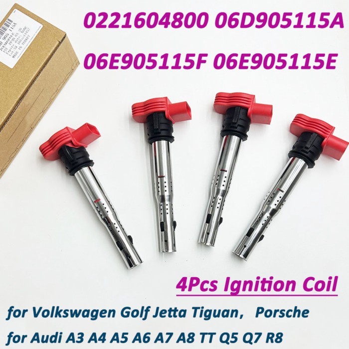 New 4Pcs Red Ignition Coil 0221604800 06E905115E for VW Audi A4 A5 TT Q5 R8 2.0TFSI/2.0TSI A3/GOLF