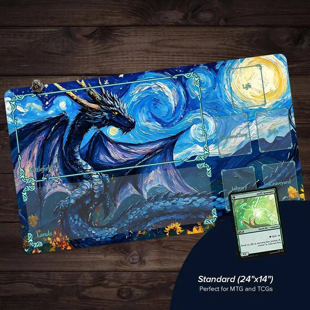 Starry Night แฟนตาซีมังกรออกแบบ MTG Playmat Magic Card Battle Mat ลื่นเย็บขอบ tapete magic mtg โต๊ะ playmat