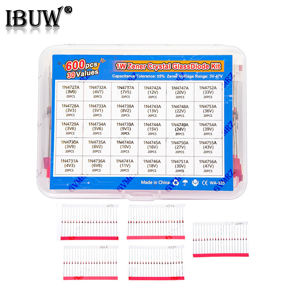 600PCS 30Values 1W Zener Diode Kit 3V-47V กล่องสําหรับโครงการควบคุมแรงดันไฟฟ้าของอิเล็กทรอนิกส์