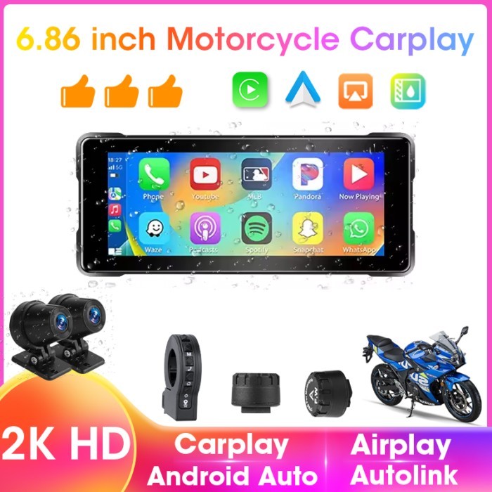 Motorcycle Carplay&Android Auto Carplay Screen with Dashcam 2K+2K Dual Len,6.86-Inch IP67 Waterproo