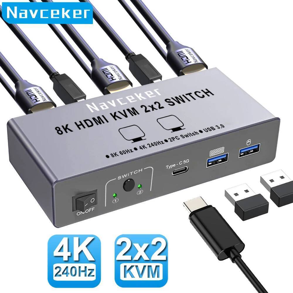 Navceker 4K 240Hz HDMI KVM Switch สําหรับ 2 Monitor 2 PCs 8K 60Hz USB C USB 3.0 Sharing Monitor คีย์