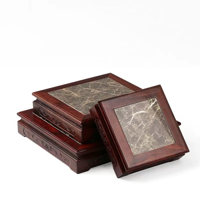 Carving Handicraft Ornament Base with Marble, Solid Wood Shelf, Flower Pot, Vase, Buddha Statue, Br