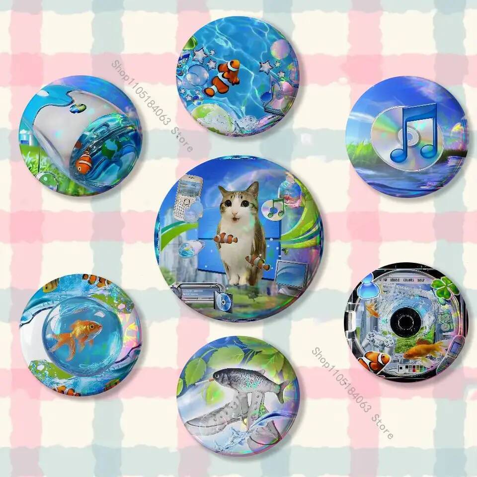 Frutiger Aero Aqua Nostalgia เลเซอร์สะท้อนแสงรอบ badges pins กระเป๋าเสื้อผ้าตกแต่งของสะสมสําหรับเพื่