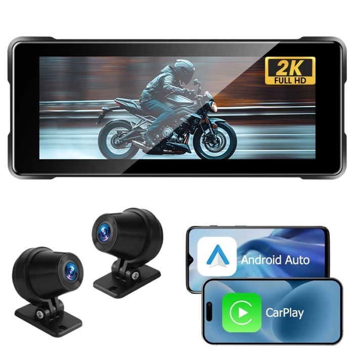 6.86 inch Portable Motorcycle Dash Camera IP67 Waterproof Wireless CarPlay Android Auto 2K Dual Len