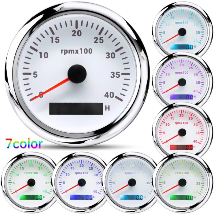 A Universal 85mm Boat Tachometer Marine Tacho Meter Gauge LCD Hourmeter 6000RPM 7000 RPM Meter Car