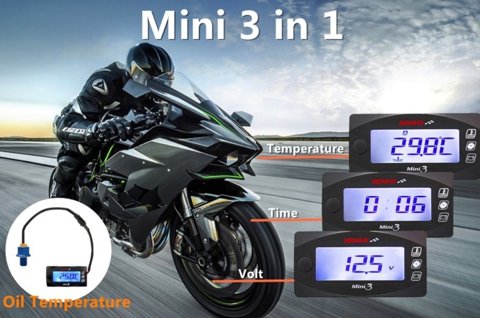 koso Oil Temperature Meter Motorcycle Universal 3 in 1 Oil Temp Time Volt LCD Digital Display For S