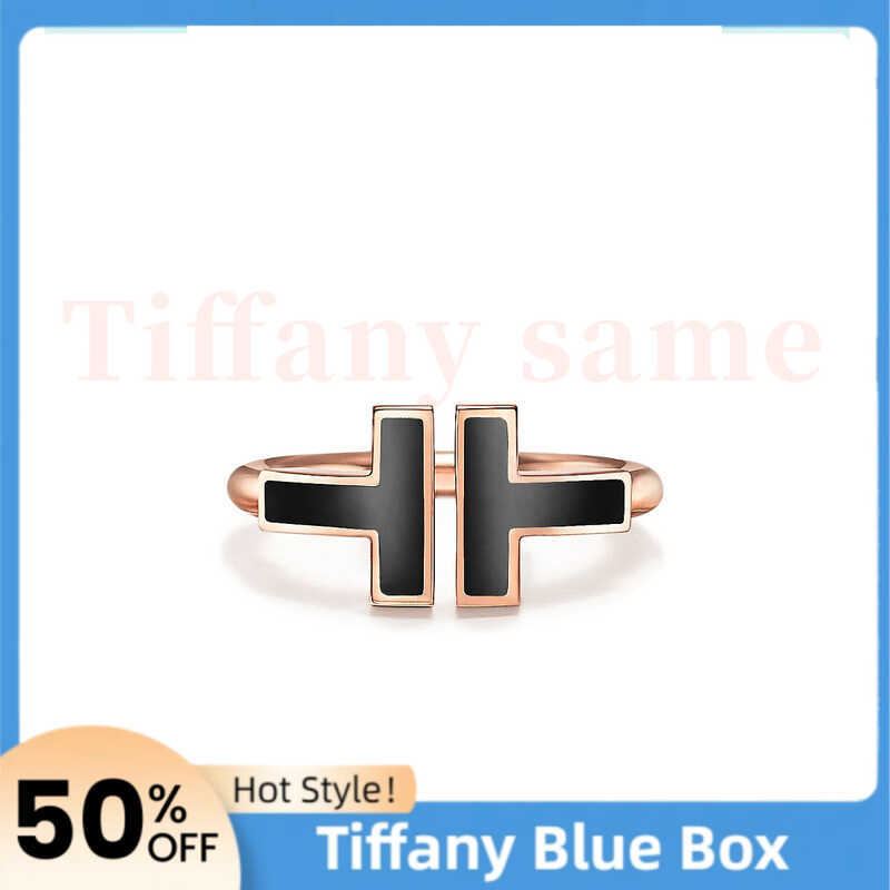 Tiffany และ Co T แหวนลวด Onyx สีดำ, ทองคุกกุหลาบ 18K, แหวนประกาศที่ทันสมัย T-Shape เปิด