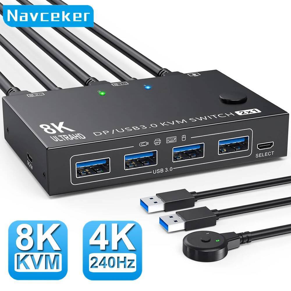 Navceker 4K 240Hz DP 2.1 KVM Switch 2 PC 8K USB 3.0 Displayport KVM Switch 2 in 1 out Display 1 Moni