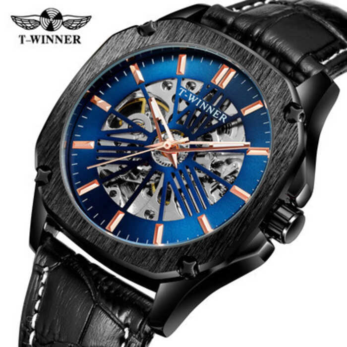 T-WINNER Mens Automatic Mechanical Watch Watch นาฬิกา Skeleton Mechanical Watch นาฬิกาผู้ชาย นาฬิกาผ