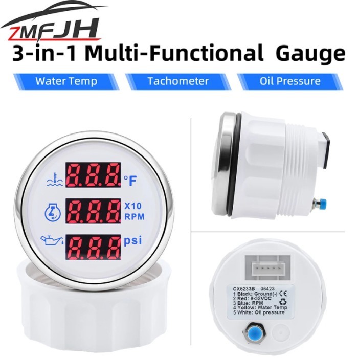 52MM 3 in 1 Gauge Tachometer Oil Pressure Gauge Water Temperature Meter 0-10Bar Oil Pressure 1/8NPT