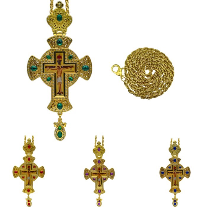 Pectoral Cross Orthodox Jesus Crucifix Pendants Rhinestones Cross Chain Gold Religious Jewelry Past