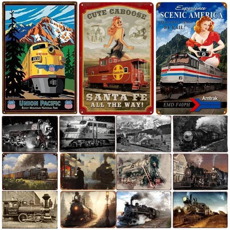 Vintage โลหะดีบุกโปสเตอร์รถไฟ Retro โลหะป้ายดีบุกโปสเตอร์แผ่น Wall Decor สําหรับบาร์ร้านอาหาร Cafe Clubs Retro Plaque