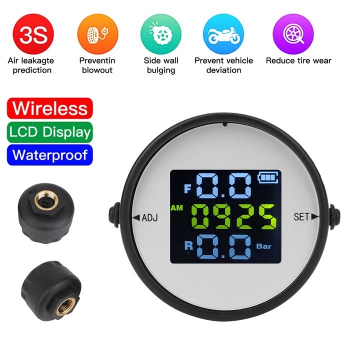 Motorcycle TPMS Wireless Tyre Pressure Monitor System With 2 External Sensors Waterproof Real-time