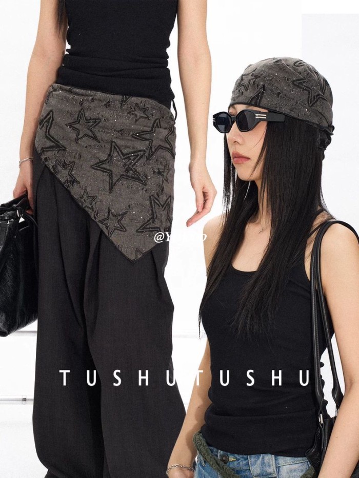 @ YoJooo American Ripped Star Silk Scarf~Retro Bright Sparkling Headscarf Belt Fashion All-Match Sma
