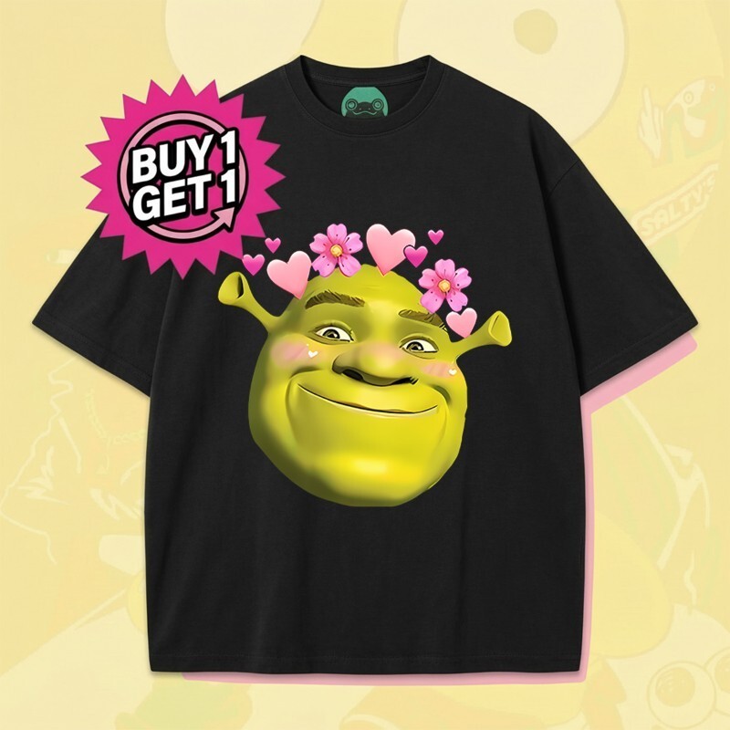 Shrek With Flowers And Hearts T Shirt Free Cotton 100% Funny Ugly Tee