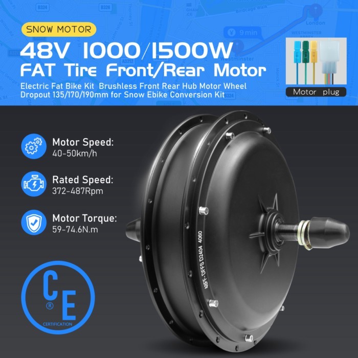 Snow Electric Bike Motor 48V 1000W 1500W 4.0 Tyre Brushless Rear Wheel Hub Motor Dropout 170/190mm