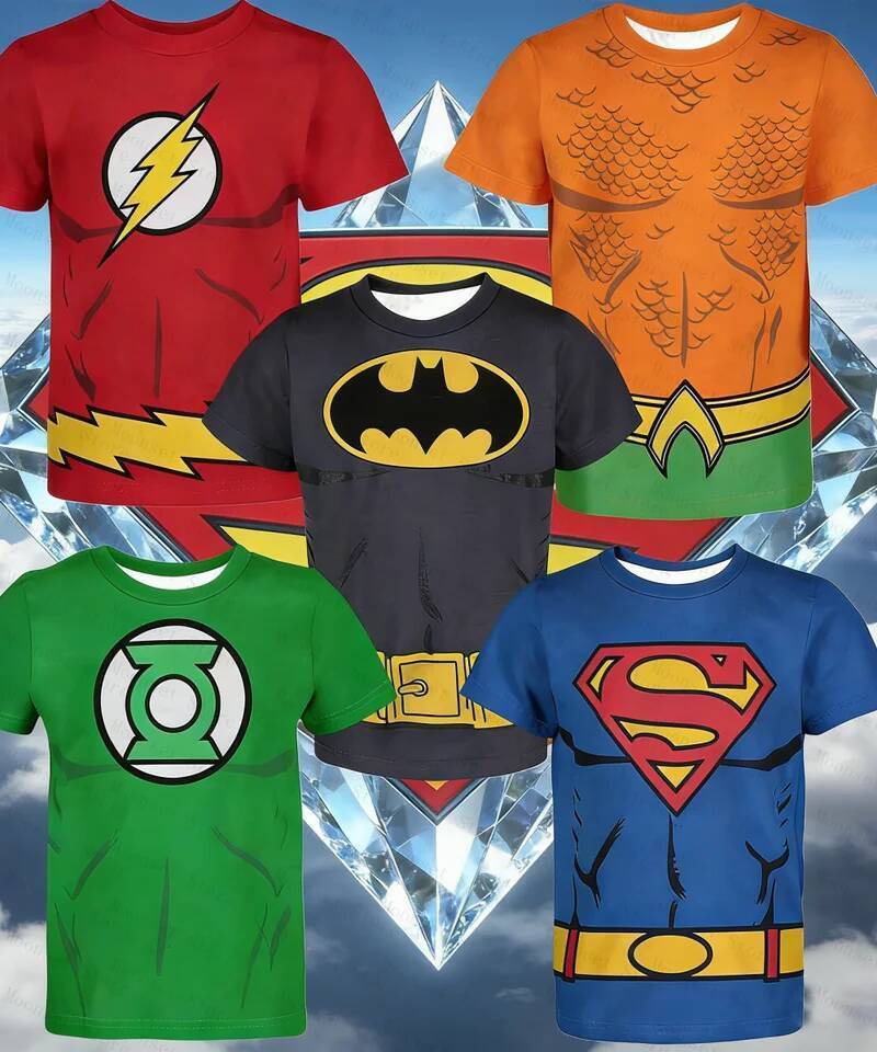 เครื่องแต่งกายCosplayตัวละครการ์ตูนDCคลาสสิกสำหรับเด็ก เช่น Batkids, Superkids, และ Flash เสื้อยืด.p