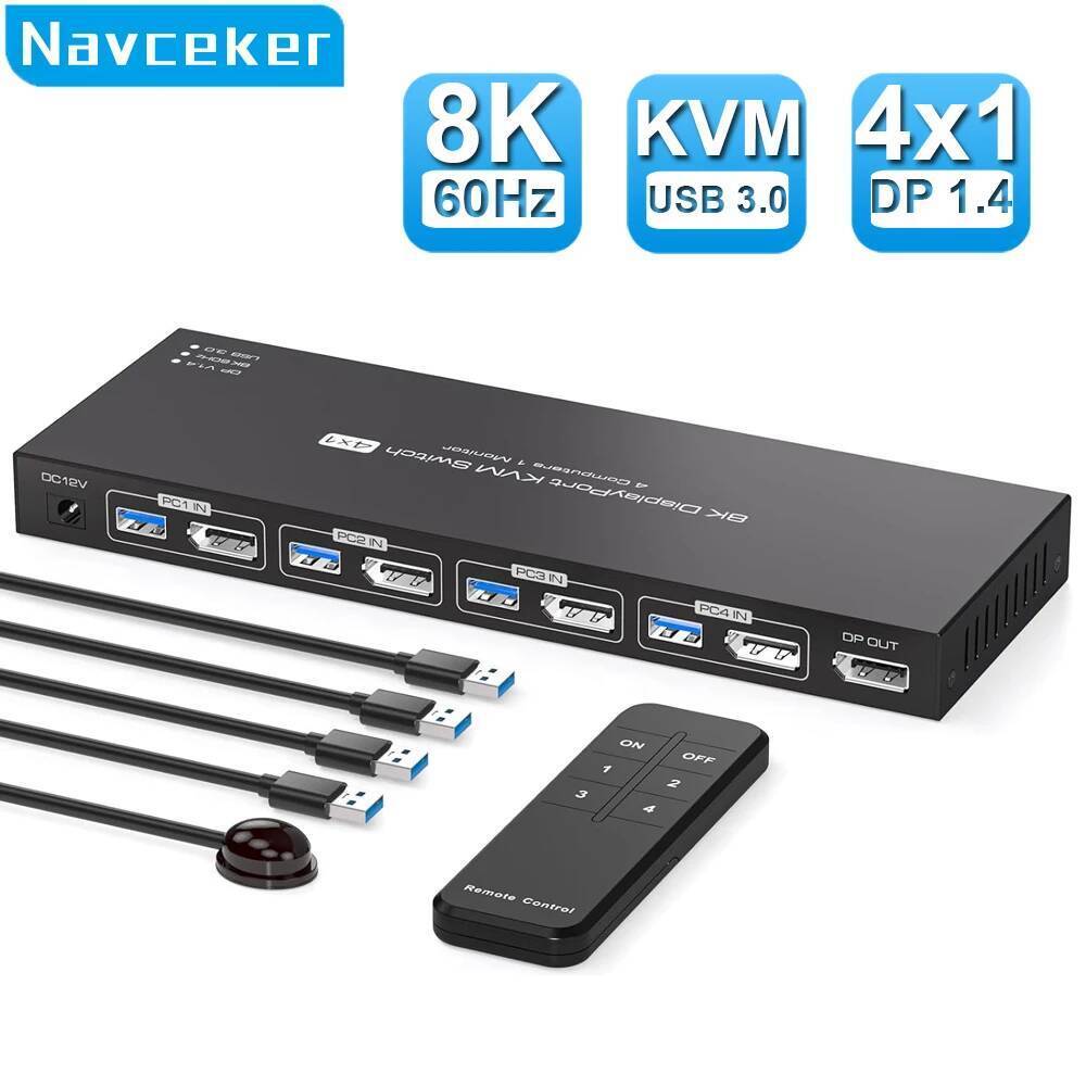 Navceker 8K Displayport KVM Switch 1 จอภาพ 4 คอมพิวเตอร์ 4K 144Hz 4x1 DP USB 3.0 KVM Switch สําหรับ 