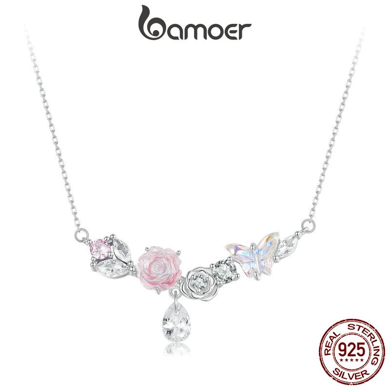 Bamoer สร้อยคอเงินแท้ 925 จี้ผีเสื้อ ดอกไม้ เครื่องประดับ สําหรับผู้หญิง SCN521