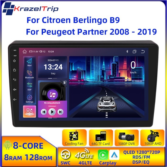 2 Din Autoradio 8-Core QELD Car Radio for Citroen Berlingo B9 Peugeot Partner 2008 - 2019 Carplay A