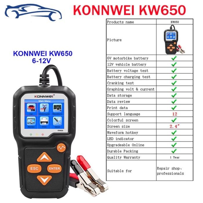 KONNWEI KW650 Car Battery Tester KW218 6V 12V Motorcycle Auto Analyzer 100-2000CCA Car Moto Crankin