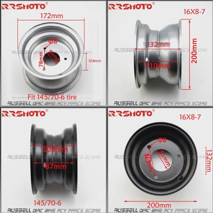 6 inch 7 inch Iron wheel rim 145/70-6 16X8-7 ATV Quad Buggy Wheeler Accessories Go karting 4