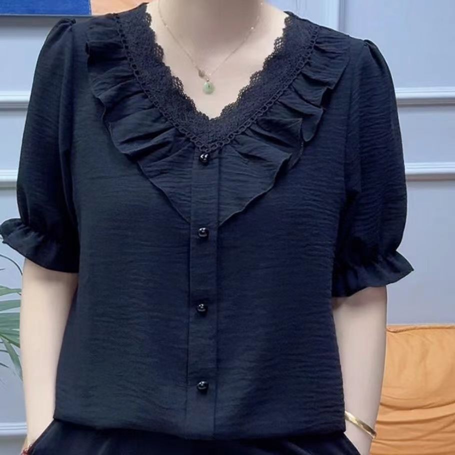 เสื้อชีฟองแขนสั้นคอวีสำหรับวัยกลางคน สไตล์แฟชั่นฤดูร้อน สวมใส่สบาย ไซส์ใหญ่พอเหมาะ และเบาสบาย