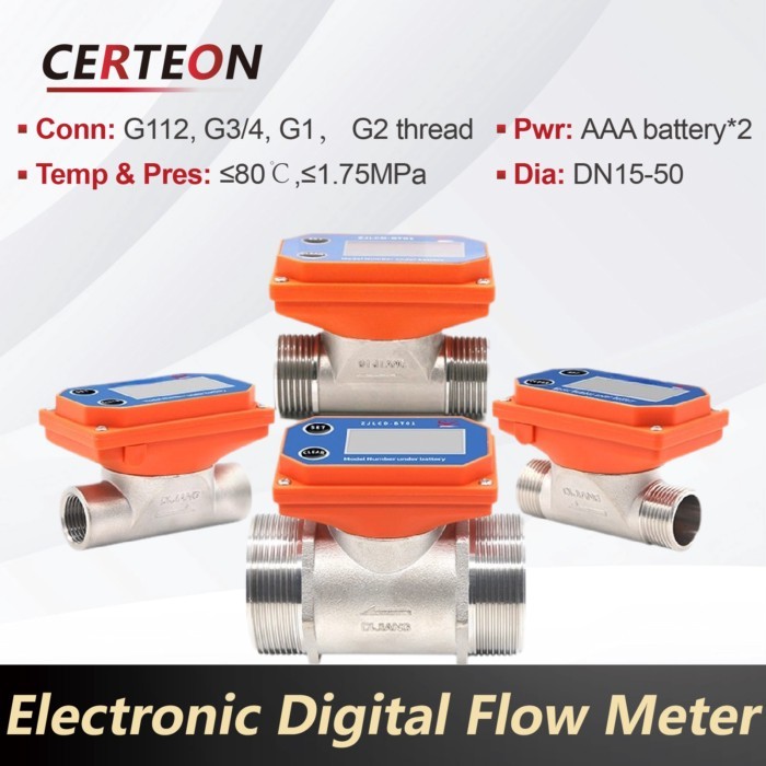 Battery Operated Digital Flow Meter Stainless Steel Threaded Sensor for Liquid Water Sewage Pipe Sy