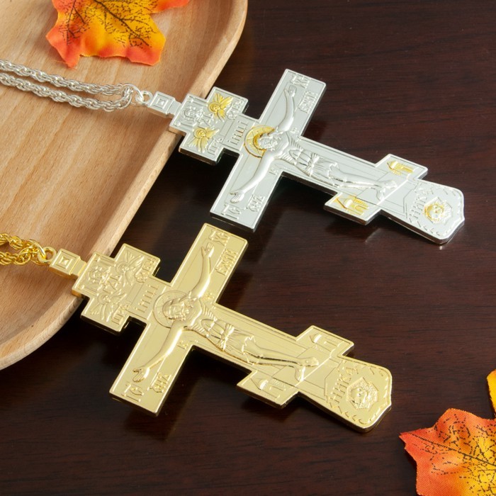 HTISOK Orthodox Pendant Gold Alloy Pectoral Cross Necklace with Jesus Crucifix Carry Prayer Items P