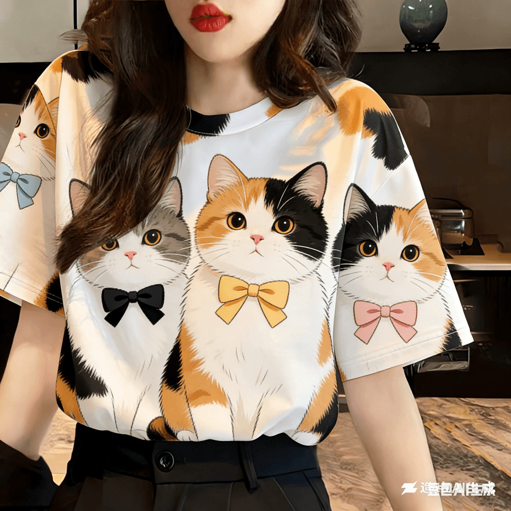 เสื้อยืดสำหรับทุกคน แขนสั้น พิมพ์ลายดอกไม้และภาพแมว สวมใส่ง่าย เหมาะสำหรับวันสบายๆ