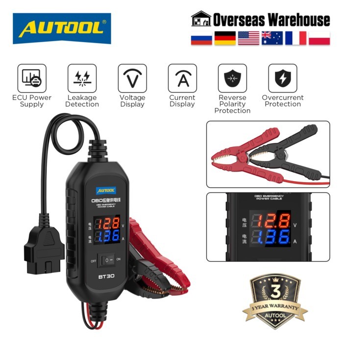 AUTOOL BT30  Digital display Battery OBD2 Connectors Emergency Power Off Protector ECU Memory Cable