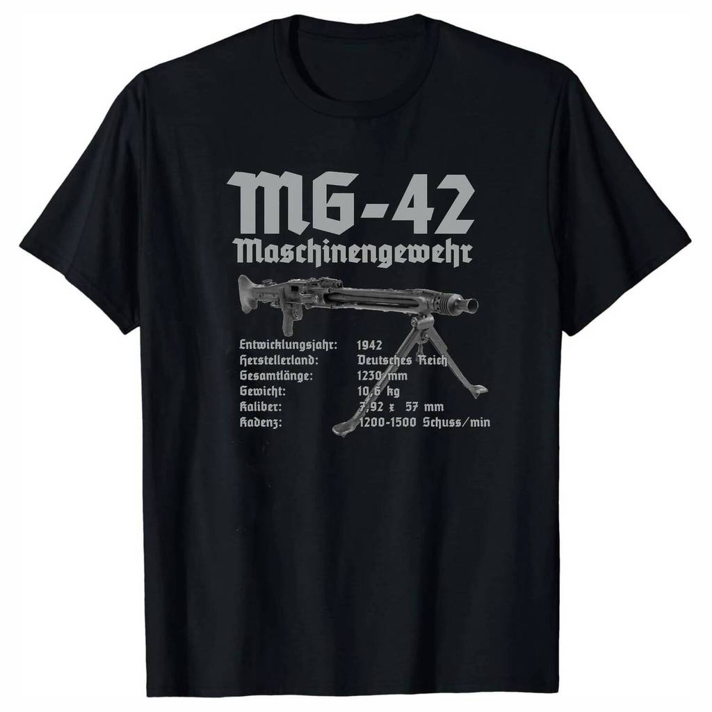 WWII Wehrmacht MG-42 MG42 Machine Gun Infographics เสื้อยืดผ้าฝ้าย 100% O-คอฤดูร้อนแขนสั้นลําลองบุรุ