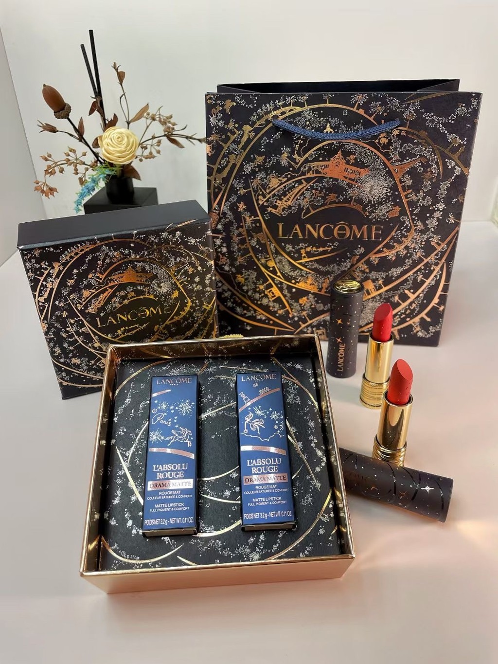ใหม่ ยิงจริง❤ พิเศษ/85 Lancome Christmas Star Lipstick ชุดสองชิ้น! บรรจุ 3.2ก * 2.ตัวเลือกตัวเลขสี 6