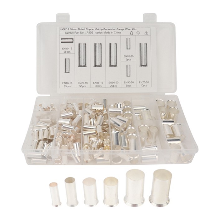 190 Pcs (AWG 8 6 4 2 1 2/0) 2/0-8 Gauge Wire Ferrules Kits Plated Copper Crimp Connector Ferrules P