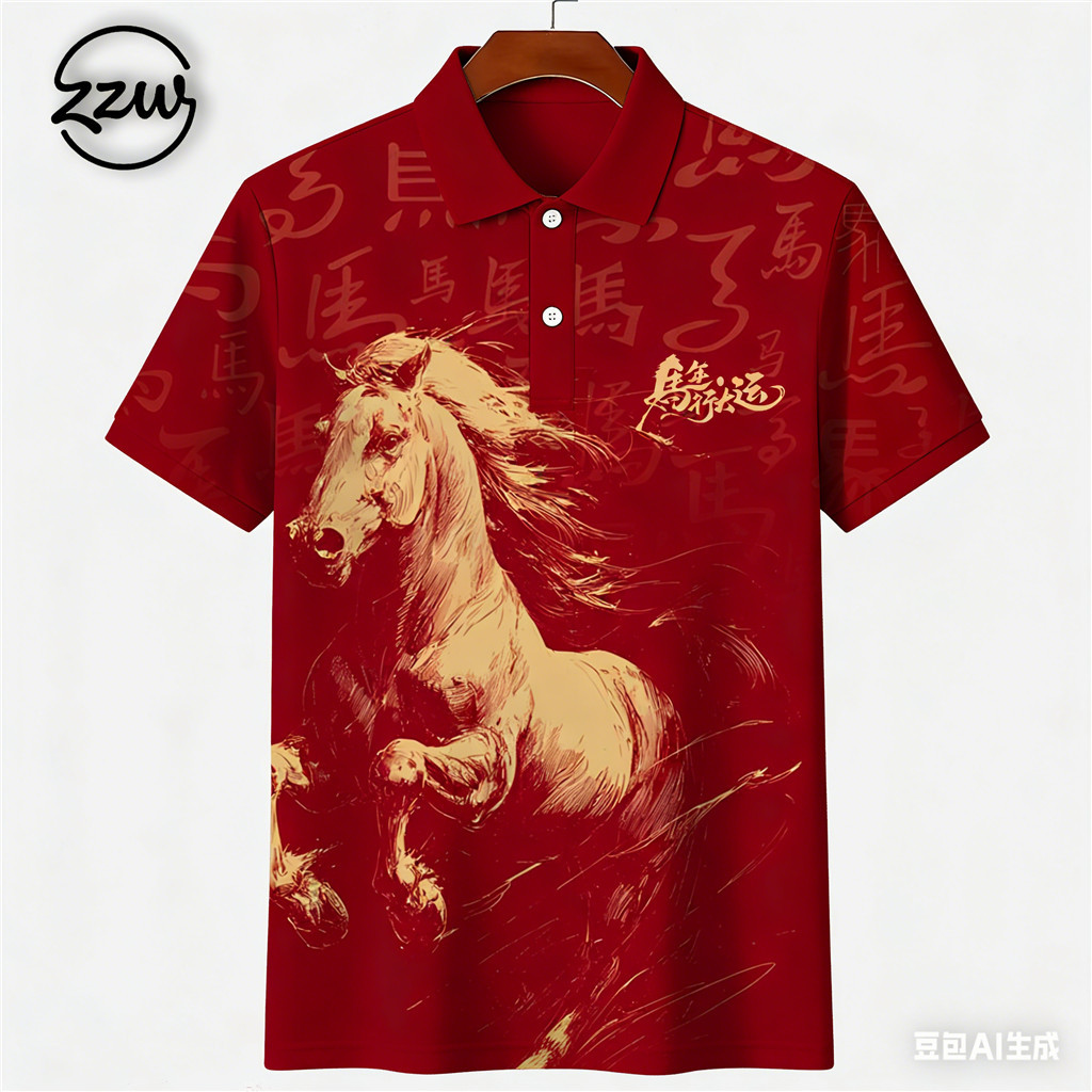 เสื้อโปโลตรุษจีนดีไซน์ม้าทองและคำว่าโชคดี - เสื้อยืดสไตล์เฉลิมฉลองสำหรับปีระกาใหม่