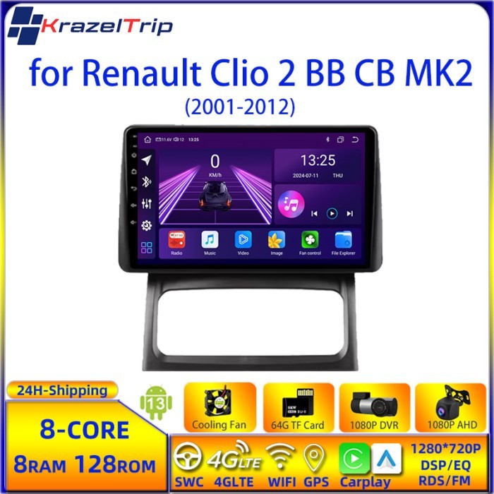 8 Core 4G WIFI Car Radio Stereo for Renault Clio 2 BB CB MK2 2001 - 2012 Carplay Android Auto QLED