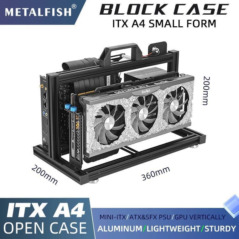 METALFISH อลูมิเนียม ITX A4 เปิดกรอบ MINI กรณีสนับสนุน MINI-ITX เมนบอร์ด GPU แนวตั้ง 240Liquid Coole