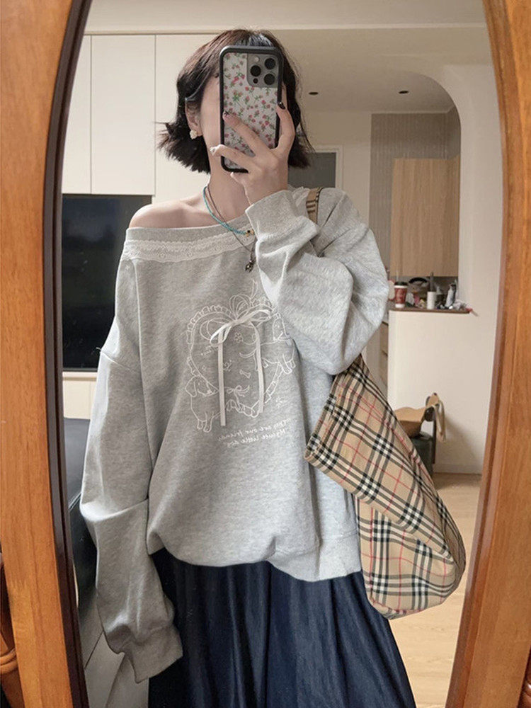 Solovely M-2XL โอเวอร์ไซซ์ เปิดไหล่ เสื้อสเวตเตอร์ ผู้หญิง สไตล์เกาหลี พิมพ์ลาย แขนยาว เสื้อ