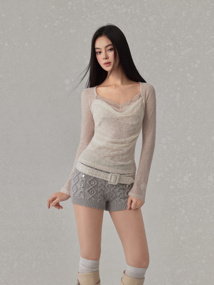 Shanmieleng เสื้อลูกไม้เซ็กซี่ สีชมพูอ่อน slim-fit แขนยาวดีไซน์ swing collar bottoming