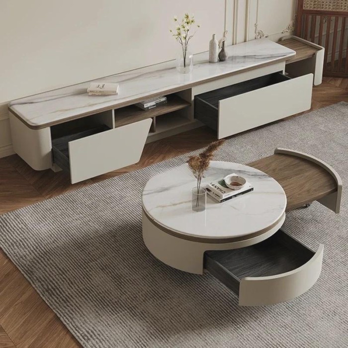 Round rock slab coffee table Italian modern simple telescopic coffee table TV cabinet combination